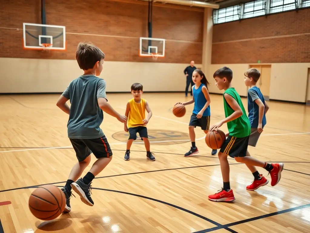 A dynamic shot of young basketball players participating in a training session, focusing on dribbling skills, with a coach providing guidance in the background. The setting is a well-lit indoor basketball court.