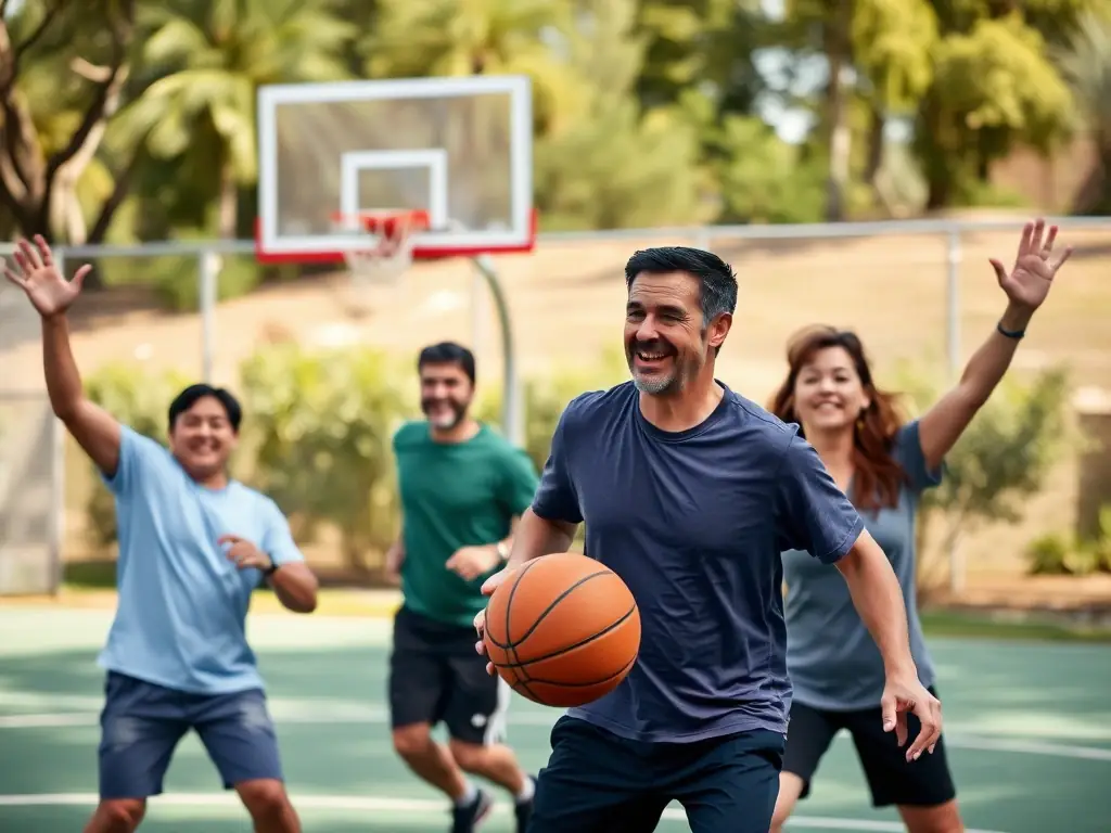 A vibrant image of adults participating in a recreational basketball game, showcasing teamwork and camaraderie. The setting is an outdoor basketball court with a lively atmosphere.