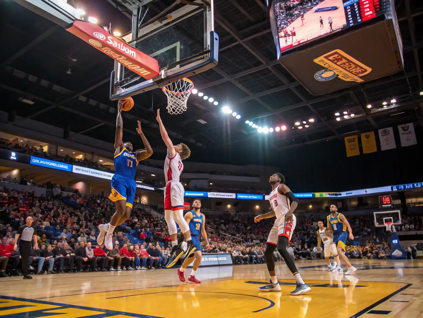 An action shot of players competing in a high-energy basketball tournament, capturing the intensity and excitement of the game. The setting is a packed indoor arena with cheering fans.
