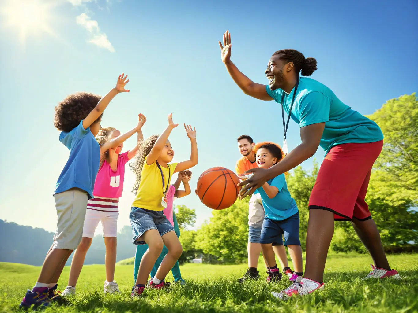 A community basketball event with kids and families participating in various activities.