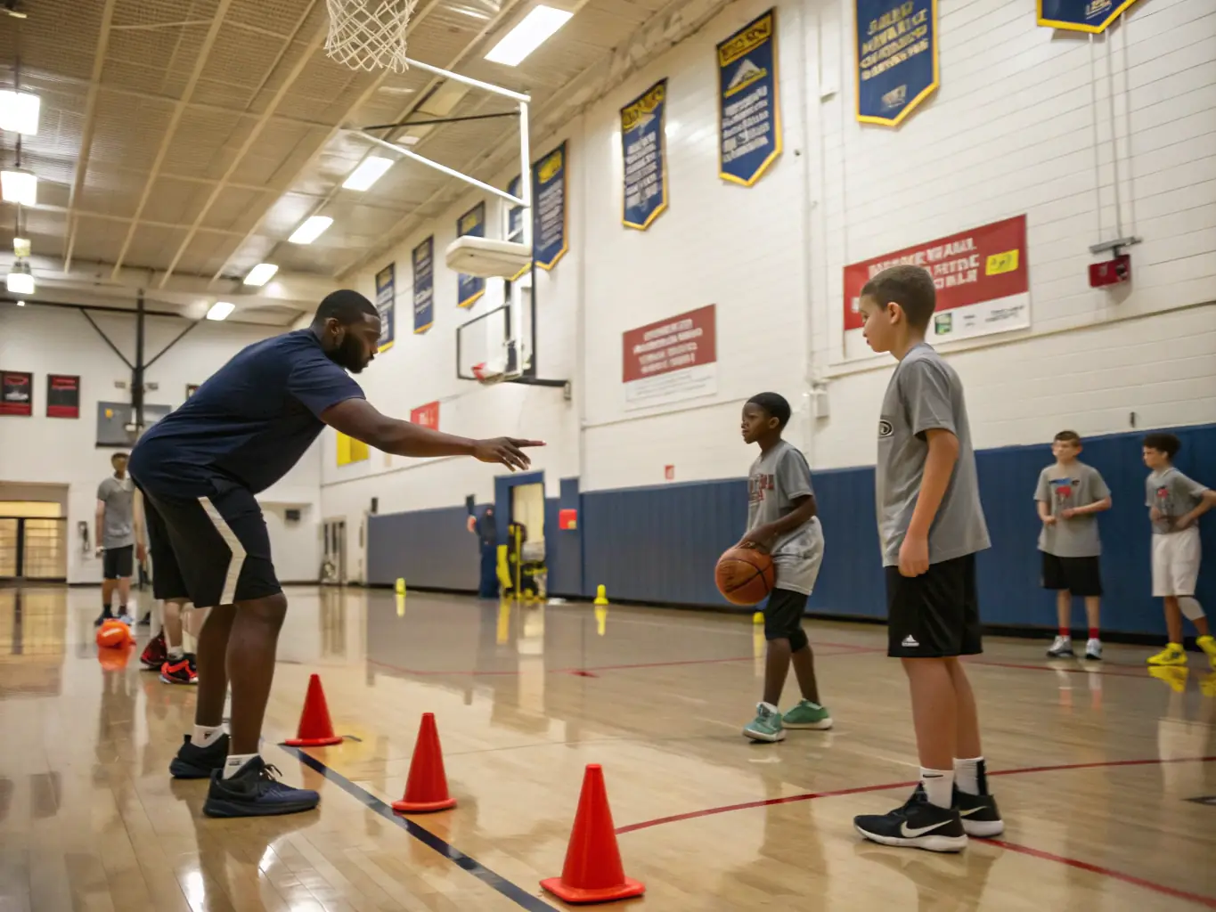 A basketball training session with experienced coaches guiding players through drills and exercises.